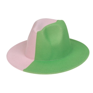Detail of a two-tone pink and green felt fedora hat with wide brim and stiff crown