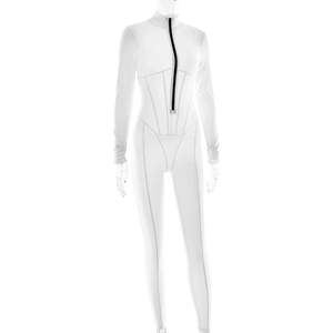 Close-up of white long sleeve bodysuit featuring front zipper and stand collar detail