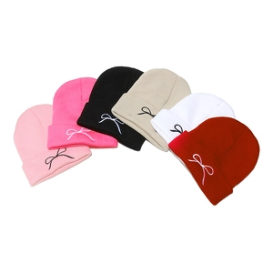 Outdoor thermal knit beanies for women with bow embroidery in six various colors