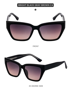 Front and 45-degree side views of black cat-eye sunglasses with gradient lenses
