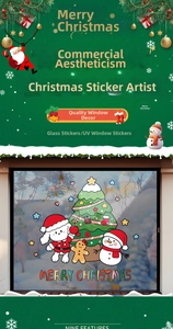 Detailed Christmas window decals showing cartoon Santa, snowman and gingerbread man motifs
