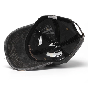 Distressed dark grey washed cotton baseball cap featuring vintage frayed edge details