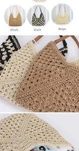 Detail of handmade crochet shoulder bag featuring hollow patterns and brown leather straps