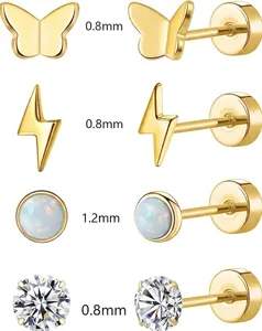 Detailed size chart showing gauge thickness for butterfly, lightning, and opal stud earrings