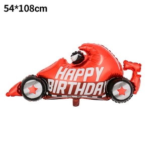 Detail view of 54x108cm red racing car foil balloon with Happy Birthday lettering