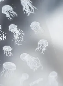 Macro shot of ultra-thin jellyfish nail decals with white motifs and simple text