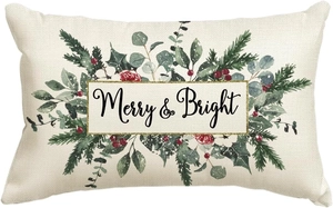 Linen Christmas pillow case with Merry & Bright print and festive botanical patterns
