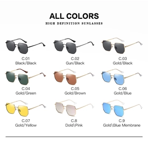 Matrix display of metal polarized sunglasses in nine distinct lens and frame color options