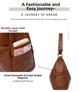 Detail of vintage brown PU leather bag showing the double-layered side zipper pockets