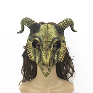 Realistic gold and black goat skull mask with horns and red cross for Halloween