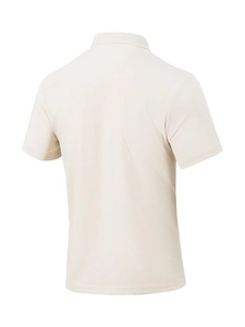 Detail view of cream waffle knit fabric texture on men's short sleeve polo shirt