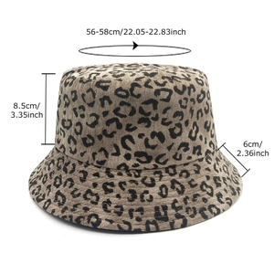 Double-sided leopard print corduroy bucket hat with dimension markings for size reference