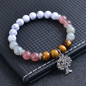 Natural Stone Beaded Bracelet With Tree Of Life Pendant Moonstone Tiger Eye White Turquoise Beads For Unisex Jewelry Gift