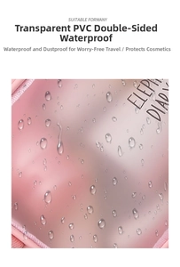 Macro shot of pink waterproof PVC makeup bag texture with clear water droplets