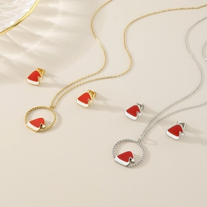 Christmas Santa Hat Jewelry Stainless Steel Red Enamel Pendant Necklace And Stud Earrings For Women Festive Accessories