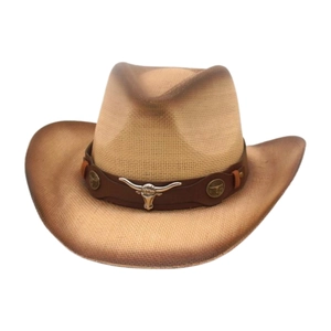 Classic straw western cowboy hat with brown gradient brim and bull head metal ornament