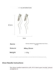 Detailed view of wheat-ear tassel earrings with zircon stones and 925 silver needles