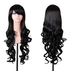80cm long wavy black synthetic cosplay wig for women on mannequin from front and back view