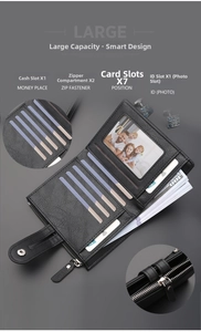 Detail view of men's leather wallet interior showing 7 card slots and 2 zipper compartments
