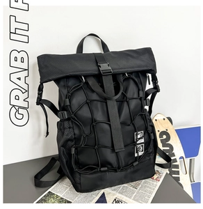 Detail of multi-functional black sports backpack with helmet mesh and security buckle