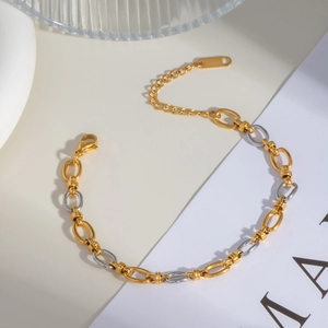 Détail du bracelet chaîne à maillons ovales bicolores or et argent avec fermoir mousqueton