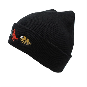 Schwarze Strickmütze mit bunten Dinosaurier-Stickereien für Outdoor-Hip-Hop-Style