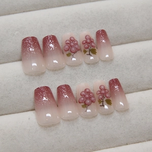 3D Grape design press-on nails with red gradient and silver glitter, medium trapezoid shape