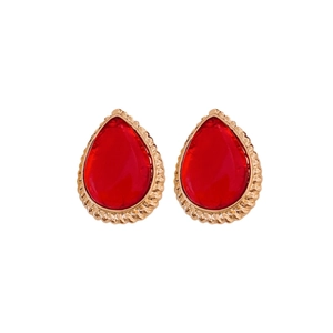 Vintage gold teardrop earrings with red pear-cut stones and twisted metal texture