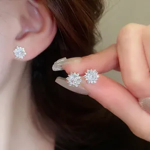 Snowflake Zirconia Stud Earrings Copper With 925 Sterling Silver Earring Post Flower Jewelry For Women