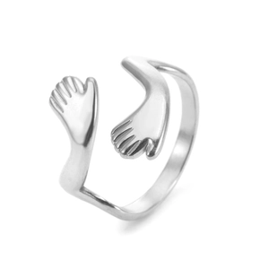 Polished silver stainless steel hug open ring with detailed hands for women
