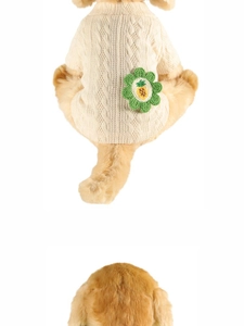 Detailed knit texture of a cream dog sweater with green floral and pineapple patches