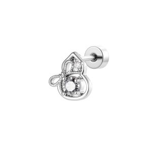 Silver star earrings with grey zircon stone in a bow geometric design on white background
