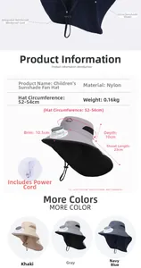 Detailed sizing chart and specifications for children's sun hat with integrated fan