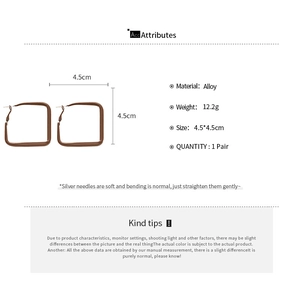 Detail view of 4.5cm square hoop earrings in dark brown finish with alloy material specs