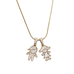 Minimalist gold plated boy and girl pendant necklace with pavé zircon stones on snake chain