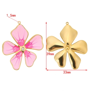 Pink enamel five-petal flower pendant 39x33mm with gold metal backing for DIY jewelry