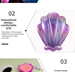 Close-up of shell-shaped hairbrush with gradient glitter finish and pink flexible bristles