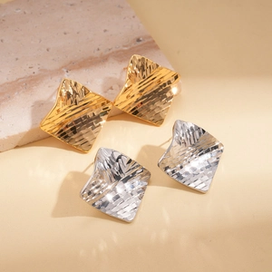 Chic 18k gold and silver plated geometric rhombus earrings with wavy texture