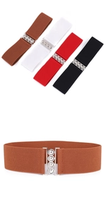 Macro detail of wide elastic belts for women featuring a silver metal buckle and 4 colors