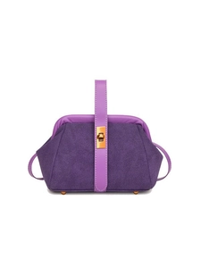 Elegant purple suede shell bag with vintage metal clasp and classic top handle style