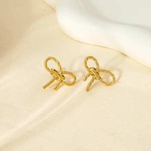 Polished 18K gold plated stainless steel bow stud earrings with a unique rope texture design