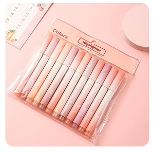 Set of 12 gradient pink highlighters with transparent caps in clear plastic packaging