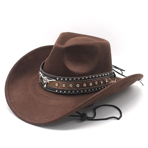 Brown suede jazz cowboy hat with metal bull head ornament and silver studs