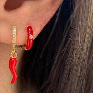 Chic S925 silver needle hoop earrings featuring red chili pendant and sparkling zircon pavé