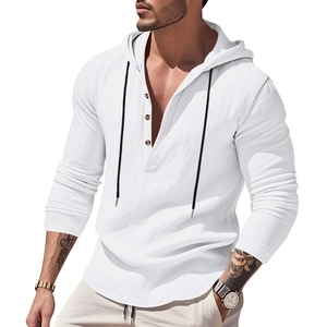 Men's white long sleeve hooded linen shirt with V-neck buttons and drawstring