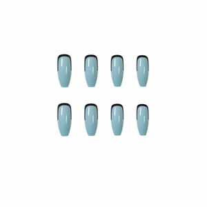 Faux ongles longs ballerine bleu gris brillant avec pointes françaises noires élégantes