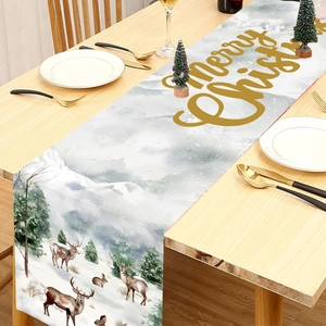 Christmas table runner with reindeer and snow landscape on a wooden table setting