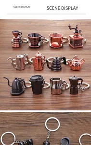 Macro display of assorted metal coffee gear keychains on a rustic wood surface