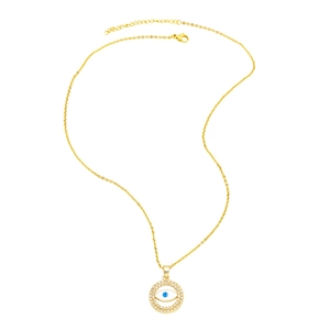 Detailed close-up of 18K gold evil eye necklace with extension chain and lobster clasp