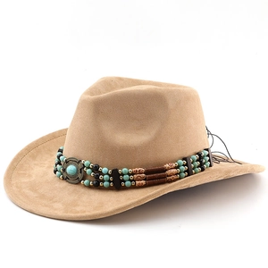 Chapeau de cowboy ethnique en daim kaki avec perles turquoise et boucle vintage